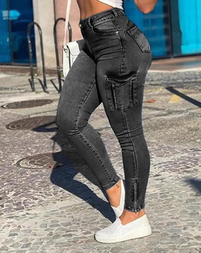 Women's Denim Pants New Fashion Solid Color Buttoned Pocket Zipper Design High Waist Casual Daily Skinny Jeans