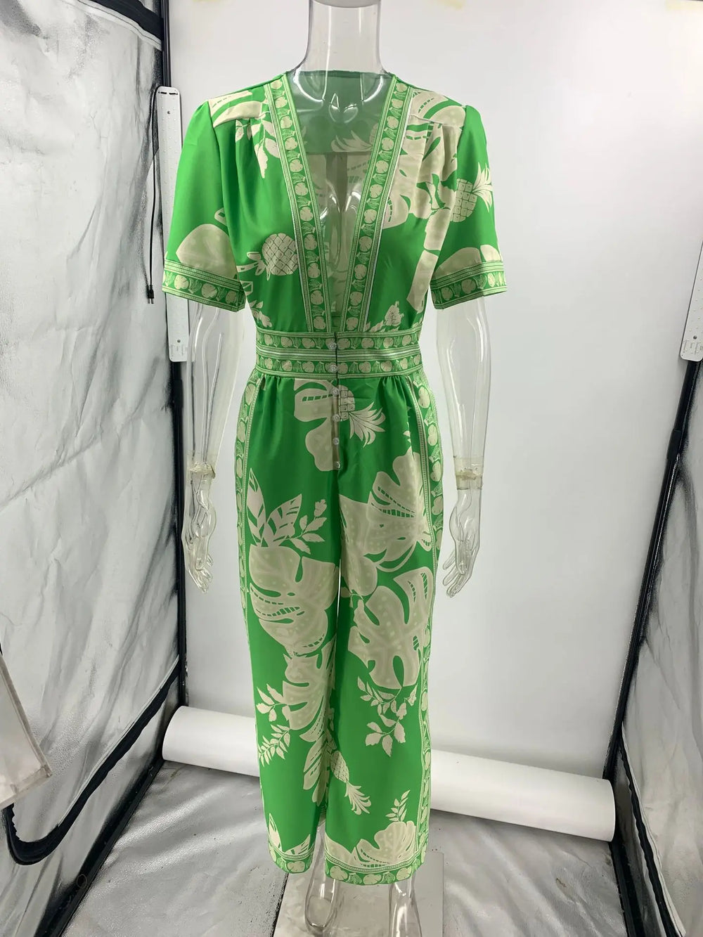 Women Vintage Printed Jumpsuits V-neck Short Sleeve Wide Leg Playsuits