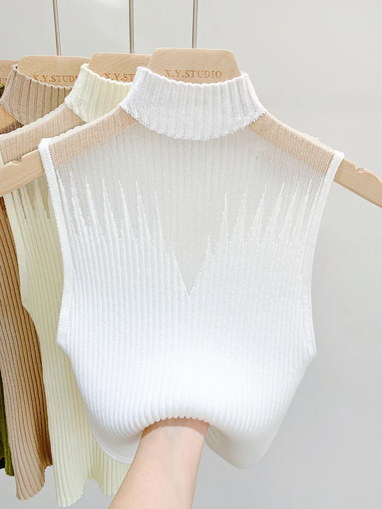 Mesh Knitted Top Women Tank Top Half Neck Vest Female Sleeveless Sweater Chic Cut Out