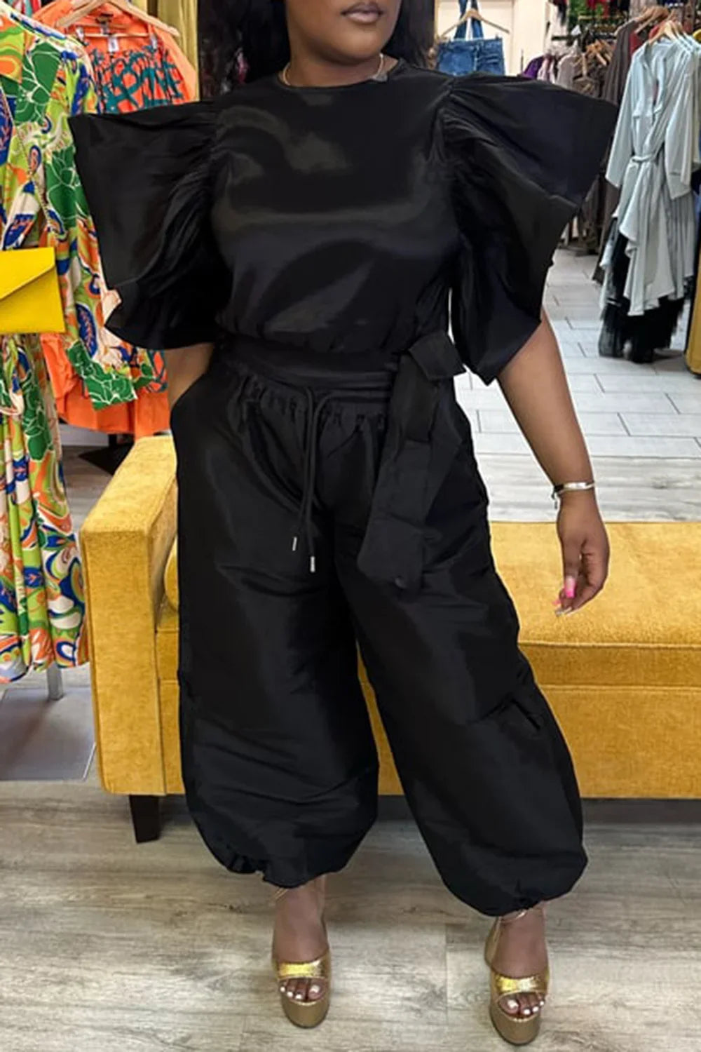 Plus Size Matching Set Round Neck Flutter Short Sleeve Top and Loose Trousers Two Pieces Set