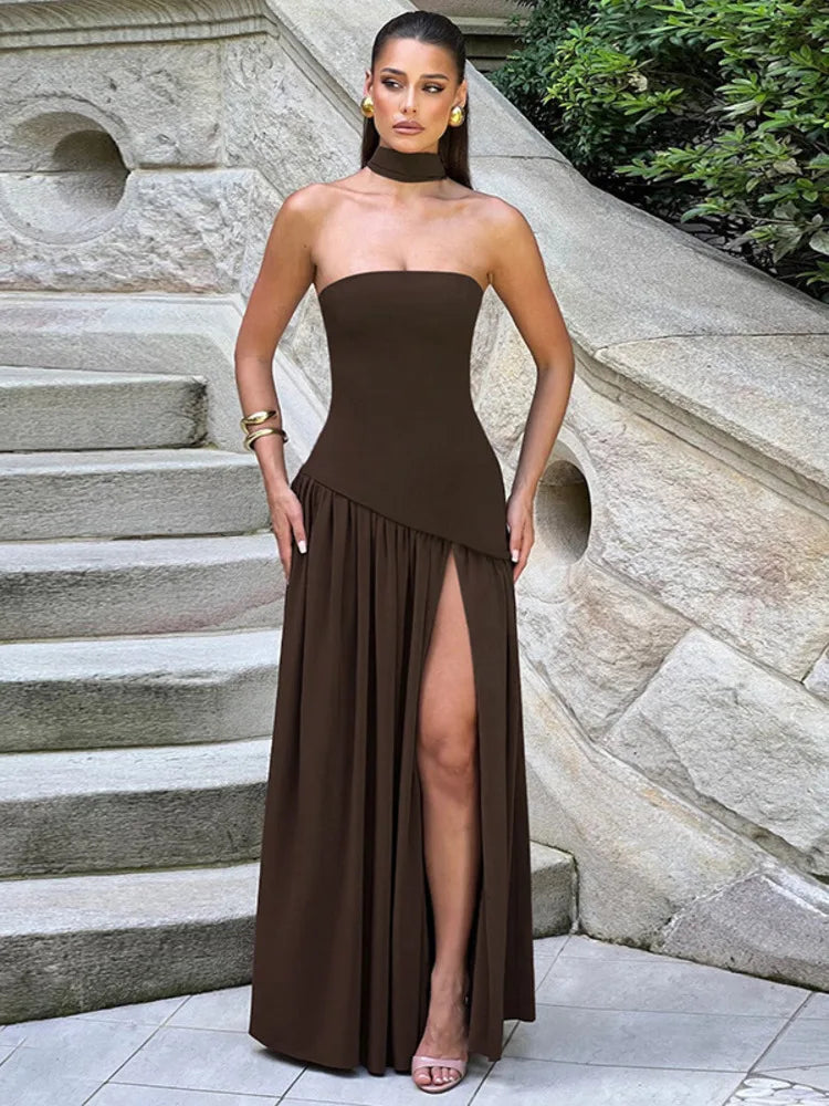 Mozision Elegant Off-shoulder Gown Scarf Collar Strapless High Split Maxi Dress