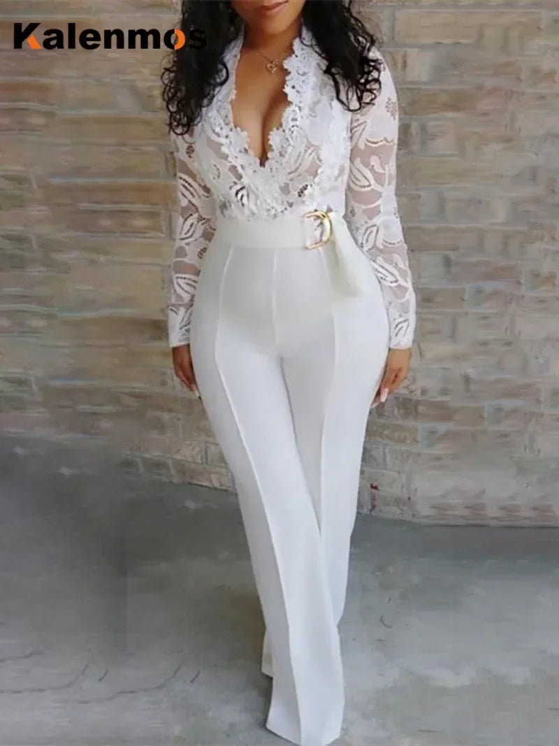 White Overalls Party Lace Rompers Bodysuit One Piece Long Sleeve V-neck Long Pants