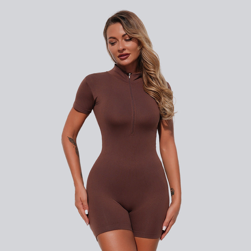 Zippered Short-sleeve Fitness Workout And Running One-piece Shortsjumpsuit Form-fitting Yoga Wear