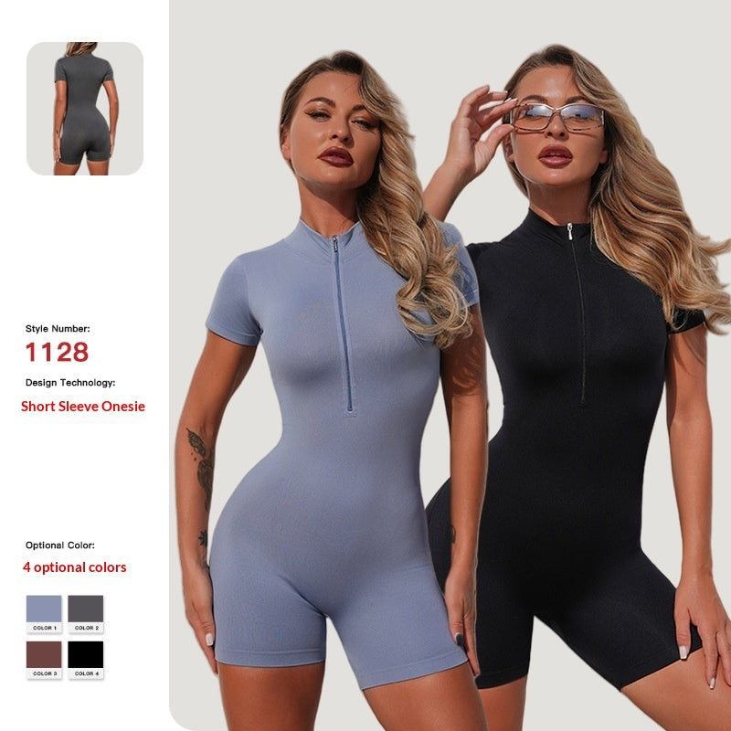 Zippered Short-sleeve Fitness Workout And Running One-piece Shortsjumpsuit Form-fitting Yoga Wear
