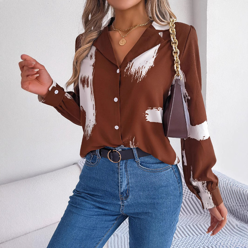 European And American-style Chic Contrast-striped Blazer-collar Long-sleeve Shirt