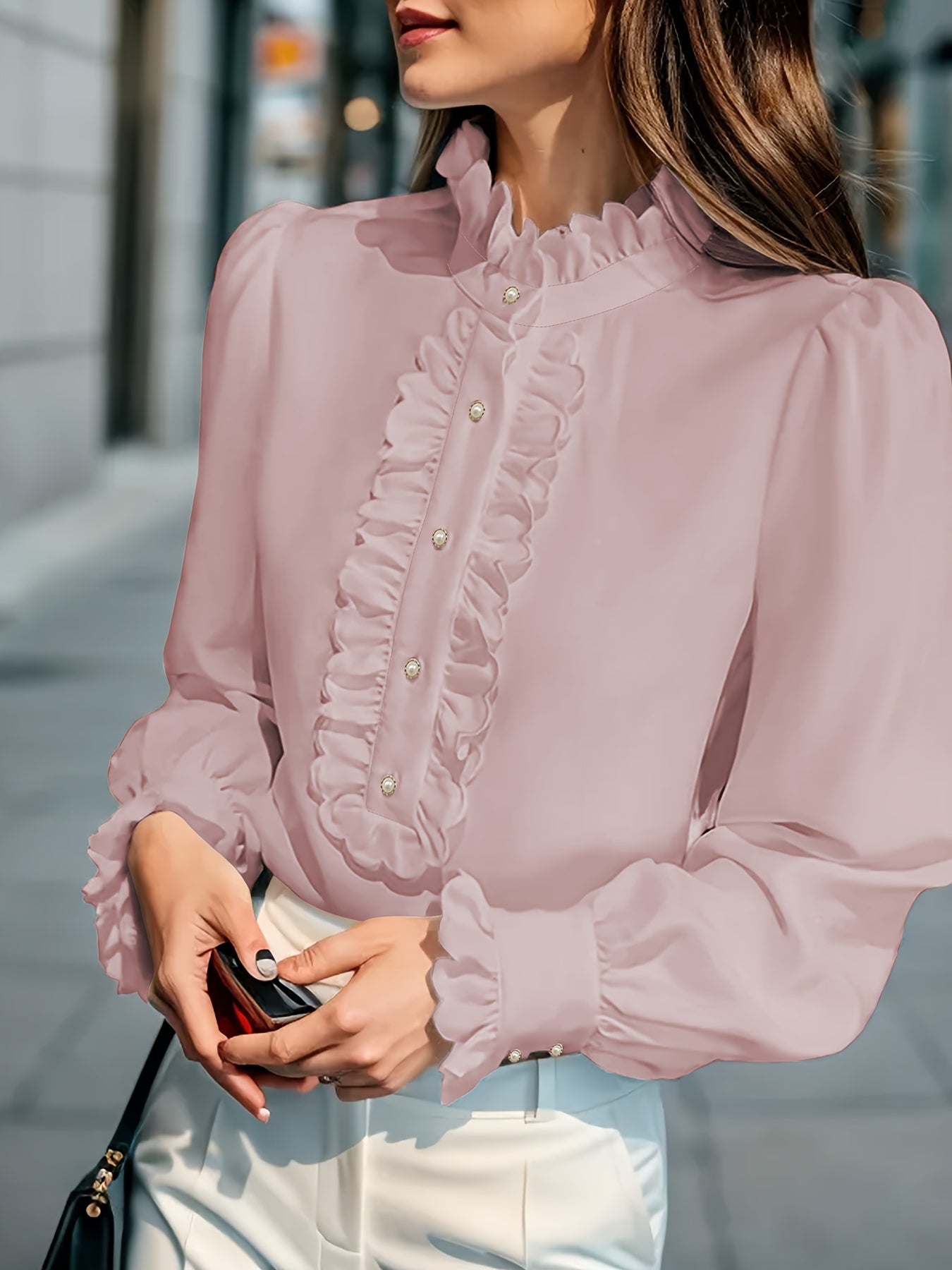 Fashionable Stand-up Collar Long-sleeved Shirt With Lotus Leaf Hem