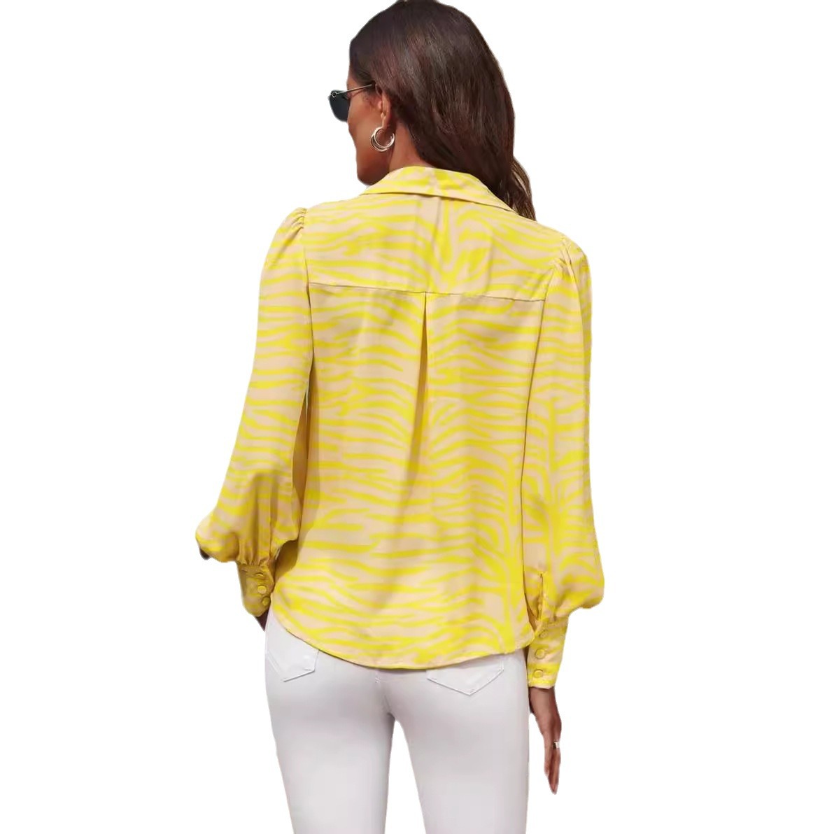 Womens Casual Printed Button-up Shirt With Lantern Sleeves