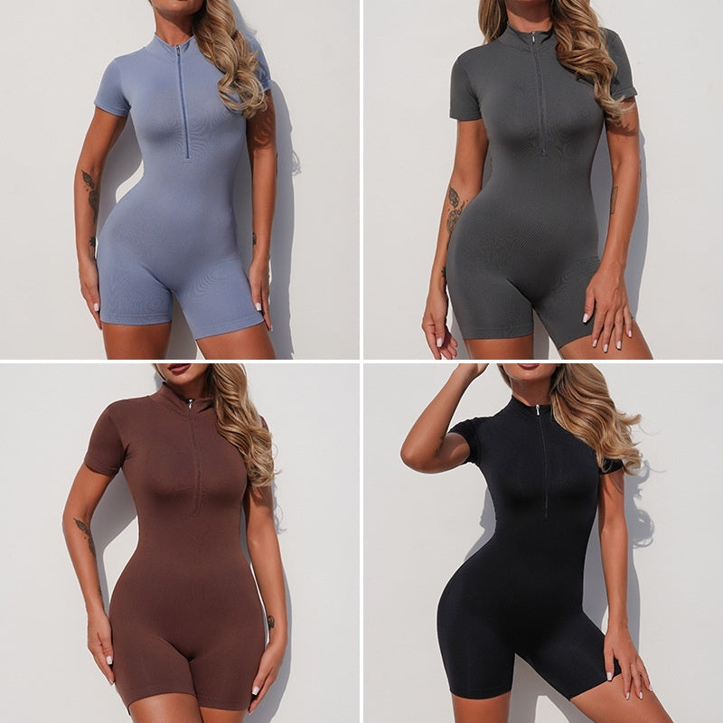 Zippered Short-sleeve Fitness Workout And Running One-piece Shortsjumpsuit Form-fitting Yoga Wear