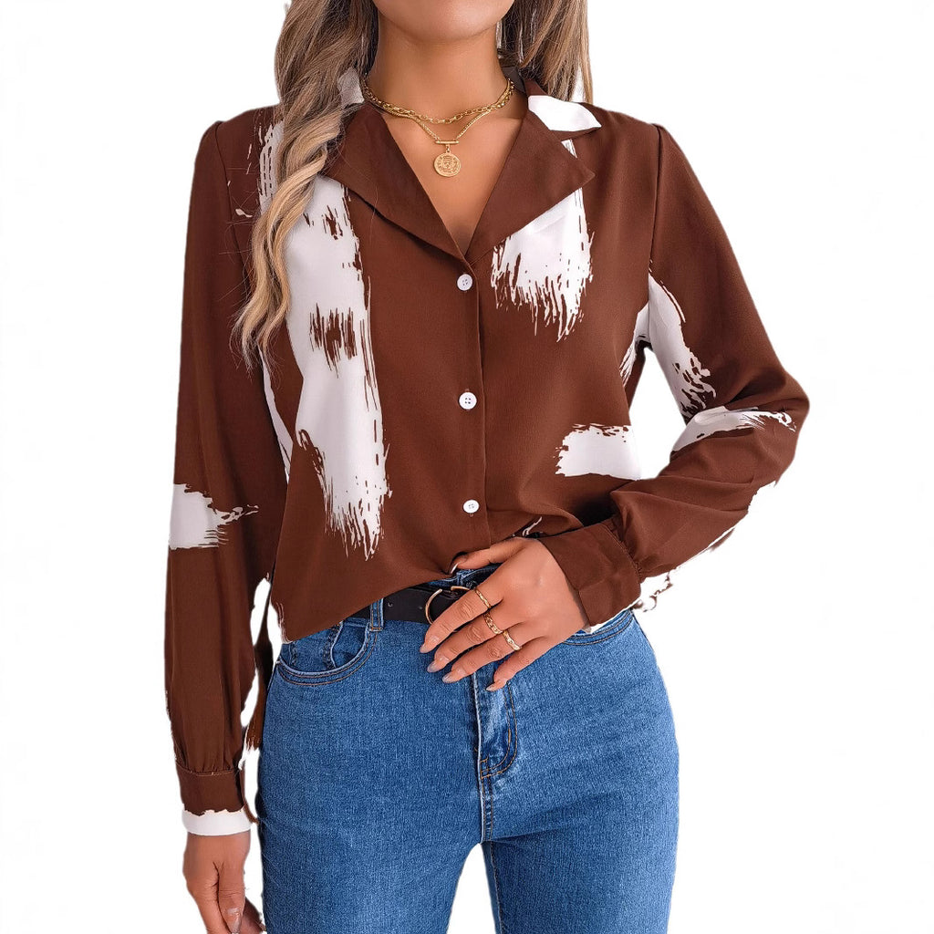 European And American-style Chic Contrast-striped Blazer-collar Long-sleeve Shirt