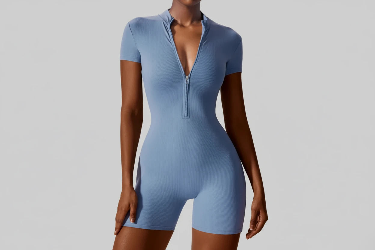 High Quality Zipper Short Sleeved Fitness Jumpsuit