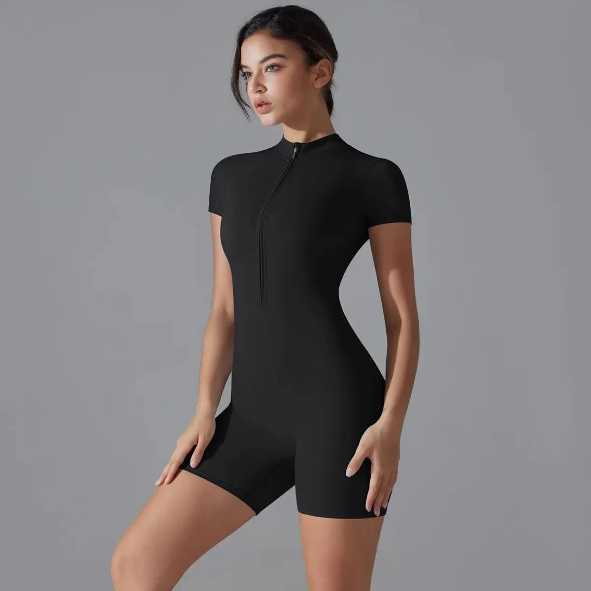 High Quality Zipper Short Sleeved Fitness Jumpsuit