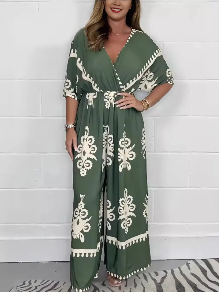 Wide Leg Pants Overalls V-neck Retro Casual Printed Ethnic Jumpsuit