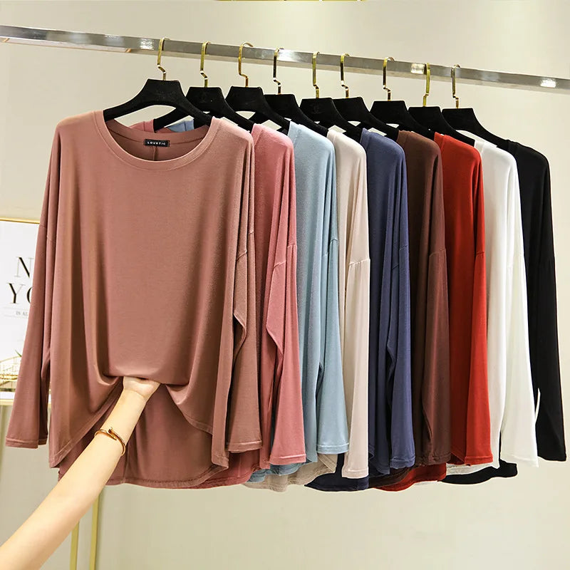 Loose Thin Modal Tshirts Long Sleeves Women O-Neck Solid Tee Tops Basic top