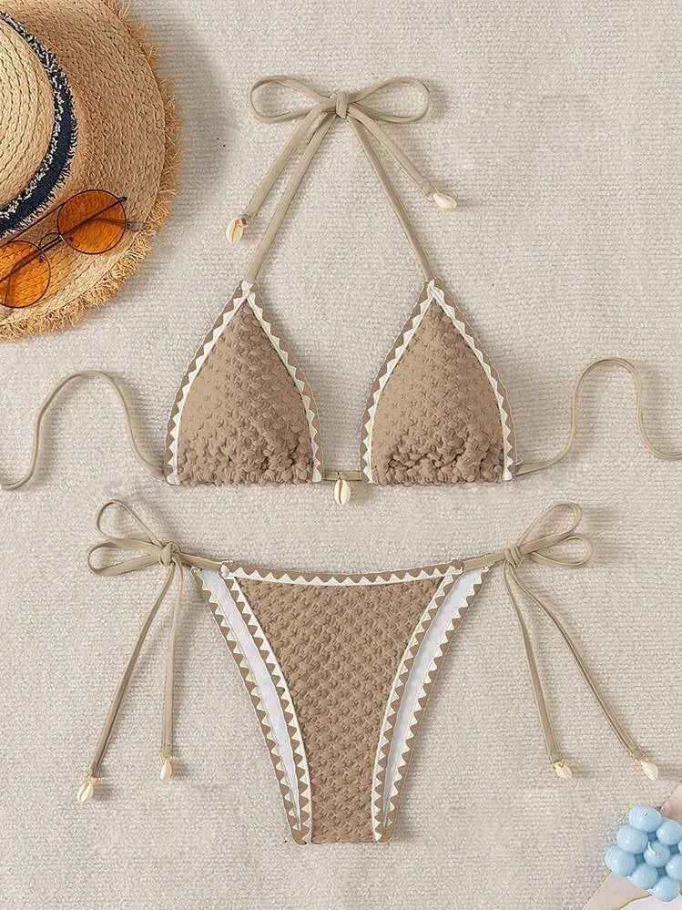 Sexy Halter Wrinkled Weave Bikini Set