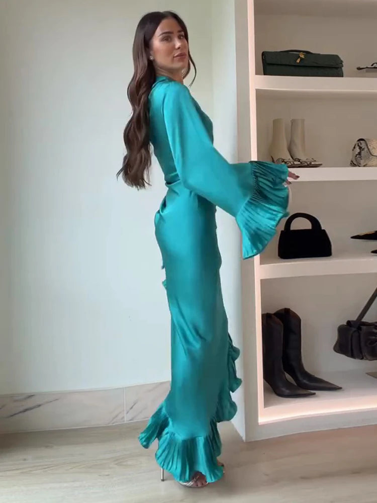 Layered Ruffles One-shoulder Sleeve Long Dress Women Flare Sleeve Irregular Hem Slim Female Dresses Spring Evening Robe