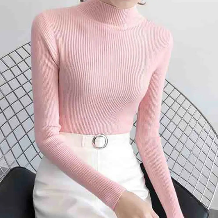 Mock Neck Women Sweater Vintage Basic Solid Knitted Casual Slim Pullover Korean Sweaters
