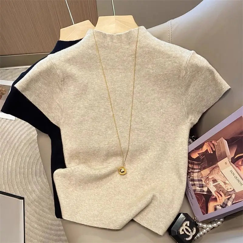 2026 Basic Turtleneck Solid Thin Summer Pullover Women Female Knitted Sweater Slim Short Sleeve