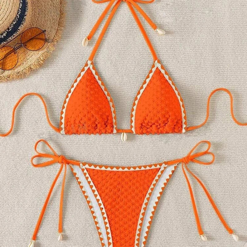 Sexy Halter Wrinkled Weave Bikini Set