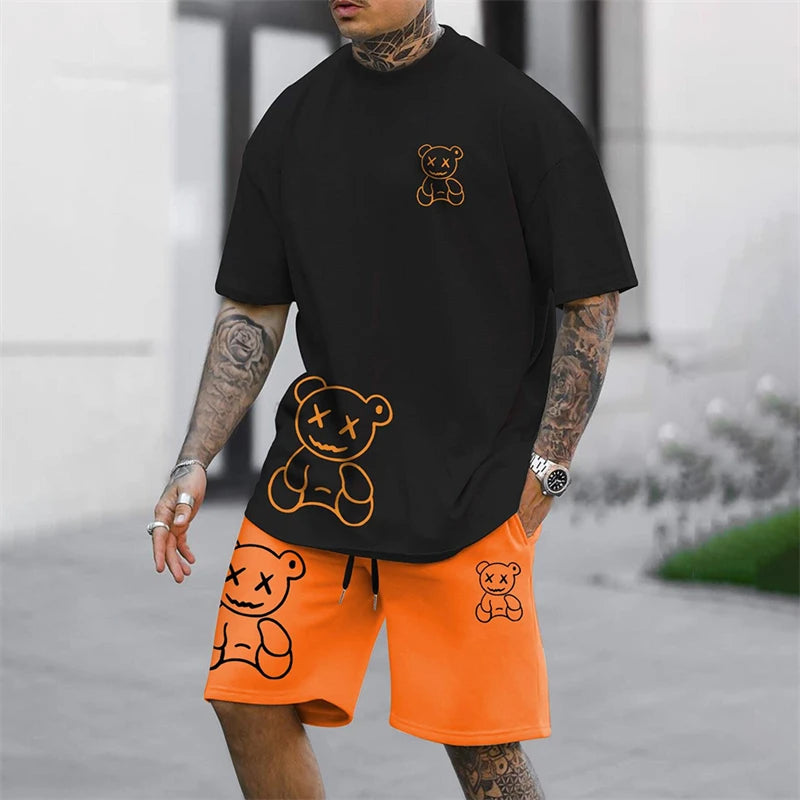 2024 Fun Bear Harajuku T-Shirt Men's Summer Loose Daily Couple Suit Outdoor Street Short Sleeve Shorts Two Piece Men Summer Suit