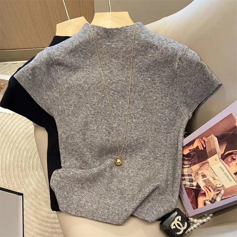 2026 Basic Turtleneck Solid Thin Summer Pullover Women Female Knitted Sweater Slim Short Sleeve