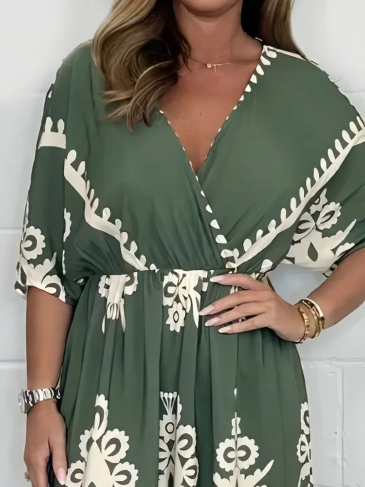 Wide Leg Pants Overalls V-neck Retro Casual Printed Ethnic Jumpsuit