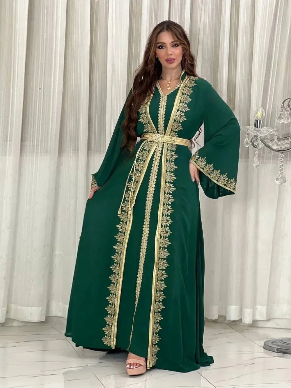 Muslim Women Jalabiya 2 Piece Set Embroidery Arab Long Robe Kaftan