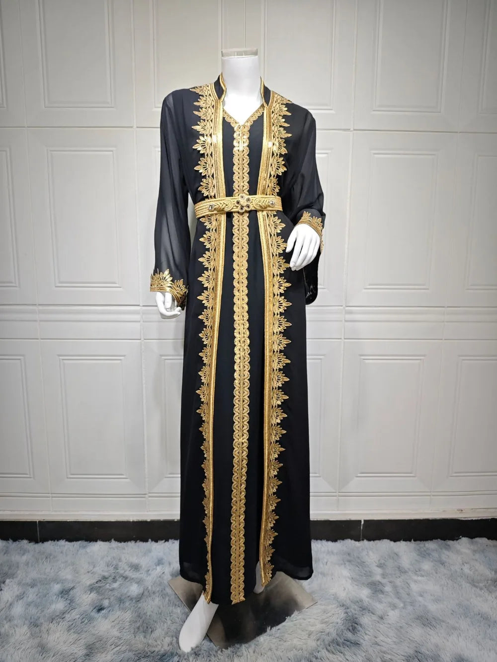 Muslim Women Jalabiya 2 Piece Set Embroidery Arab Long Robe Kaftan