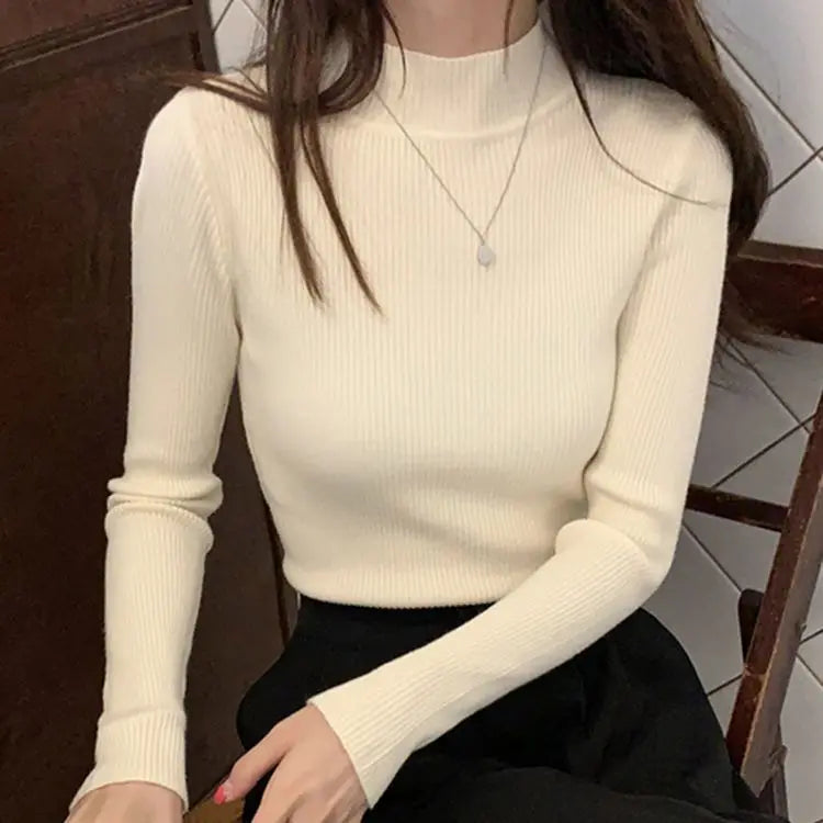 Mock Neck Women Sweater Vintage Basic Solid Knitted Casual Slim Pullover Korean Sweaters