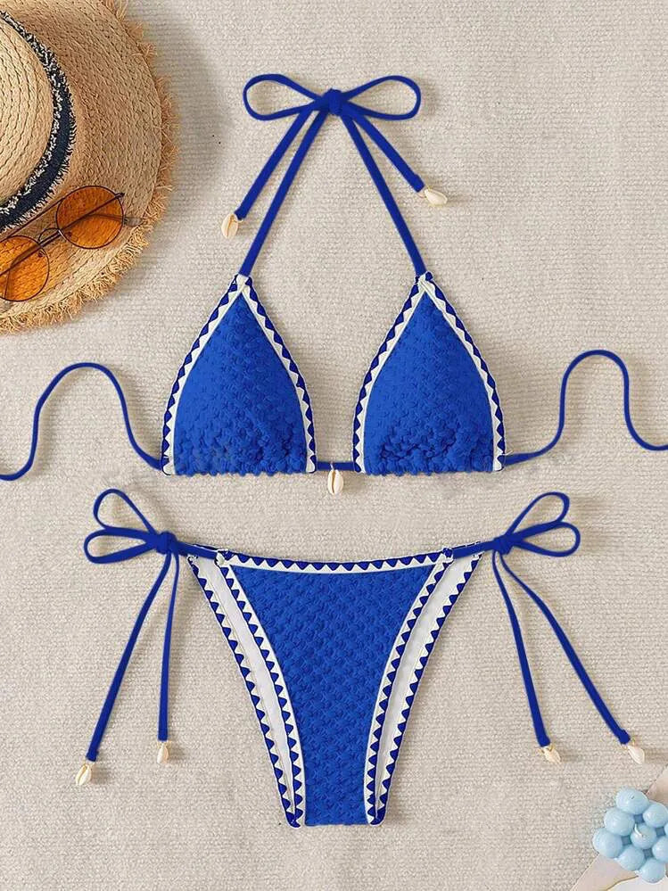 Sexy Halter Wrinkled Weave Bikini Set