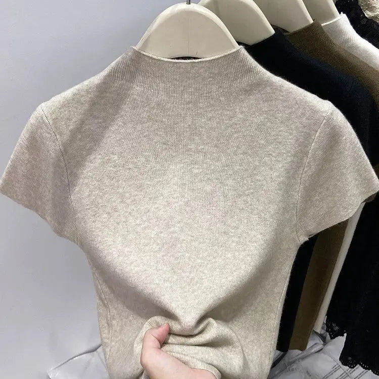 2026 Basic Turtleneck Solid Thin Summer Pullover Women Female Knitted Sweater Slim Short Sleeve