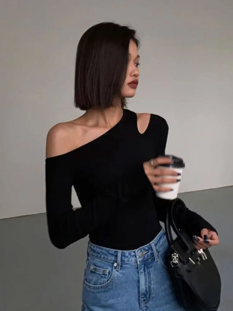 Skew Collar Off-shoulder Long-sleeved Top