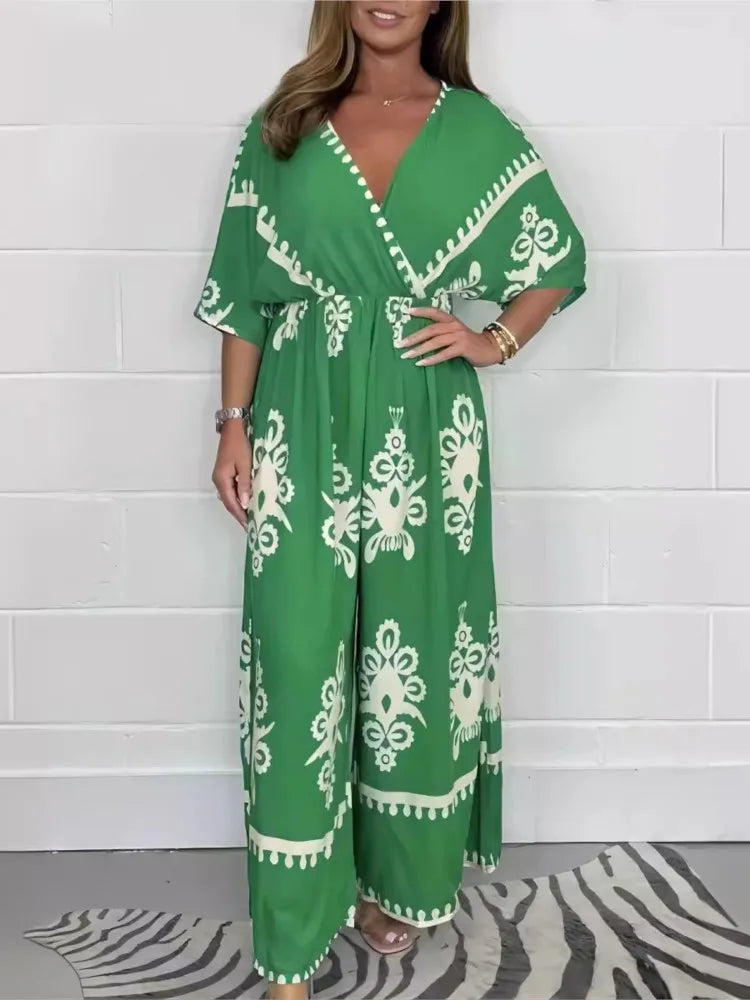Wide Leg Pants Overalls V-neck Retro Casual Printed Ethnic Jumpsuit