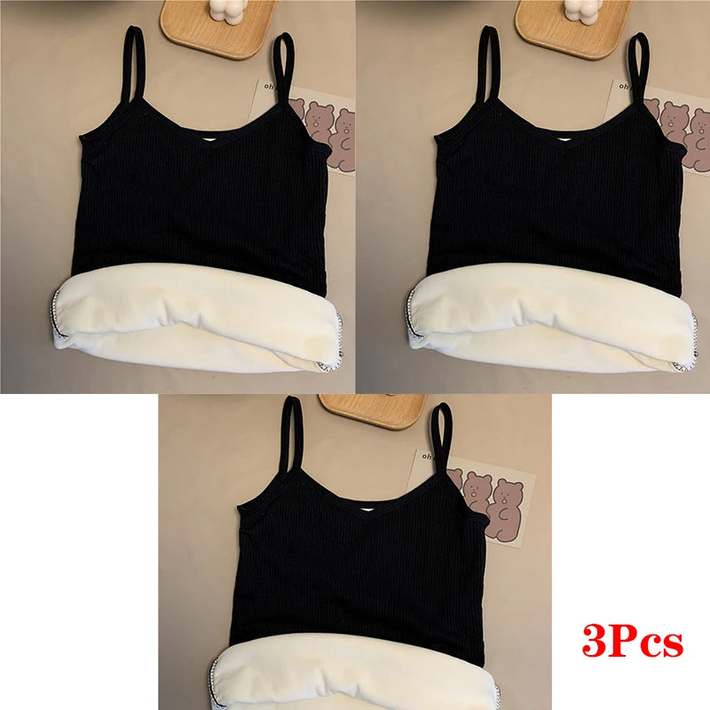 Women Winter Warm Underwear Solid Color Thermal Casual Nightwear Sexy Elasticity Female Thin Velvet T-shirt Sleeveless Tops
