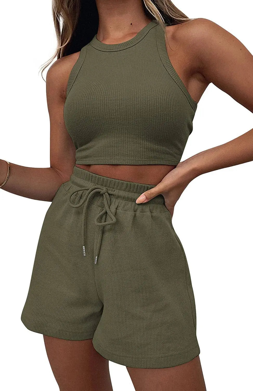 Two Piece Sets Women Vest Crop Tracksuit Tops Short Sets Beach Lace Up Elastic Waist Loose Casual Summer Set Matching Sets