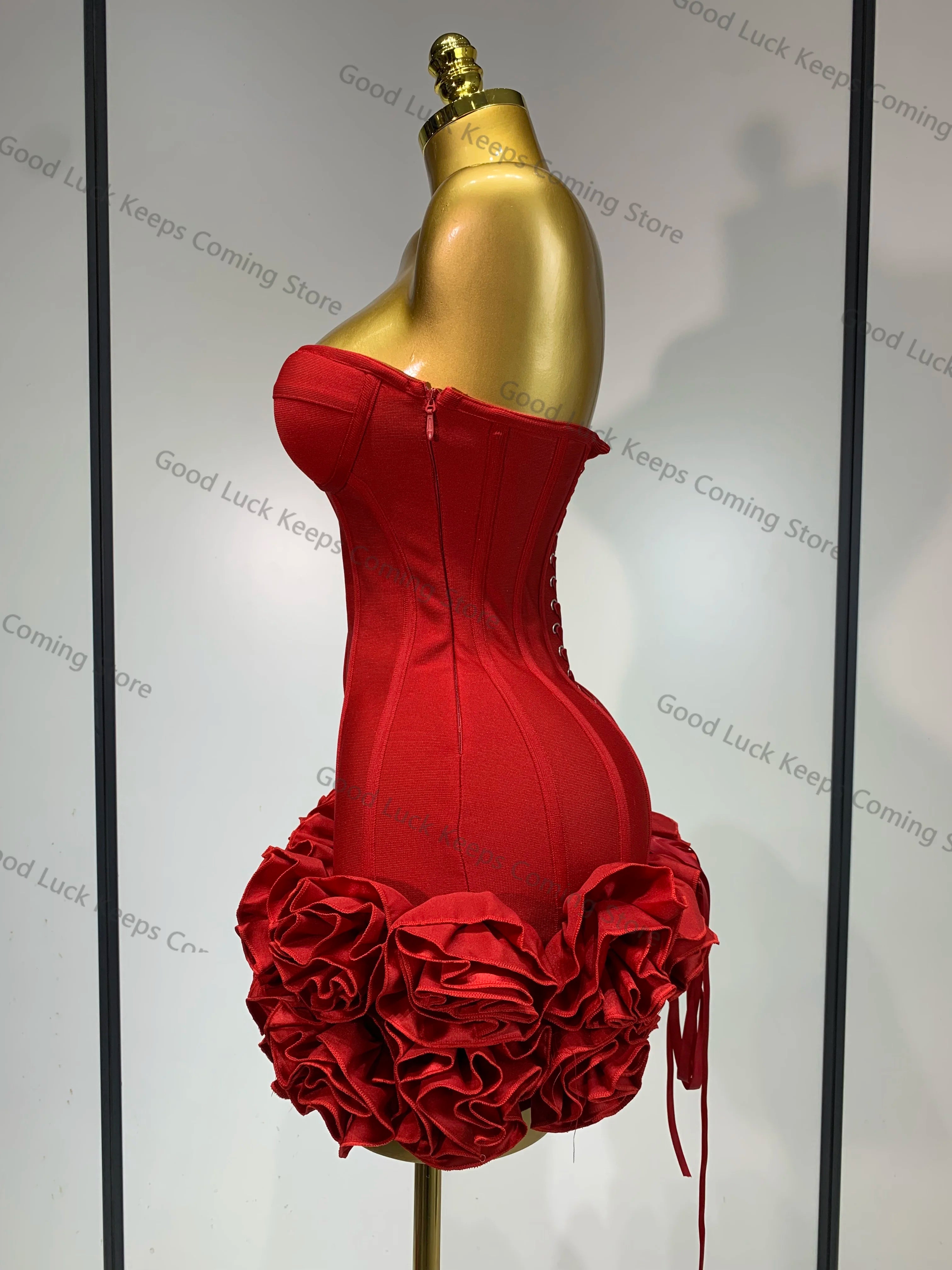 Women Sexy Strapless Backless Flower Embellished Mini Bandage Dress Bodycon Party Cocktail Evening Party Club Dresses