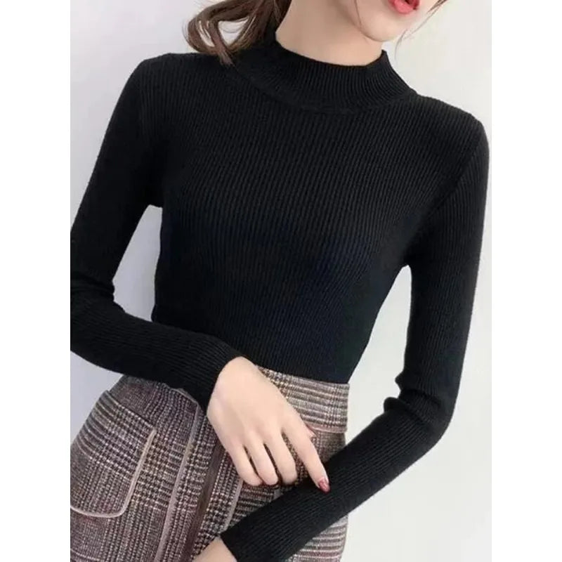 Mock Neck Women Sweater Vintage Basic Solid Knitted Casual Slim Pullover Korean Sweaters