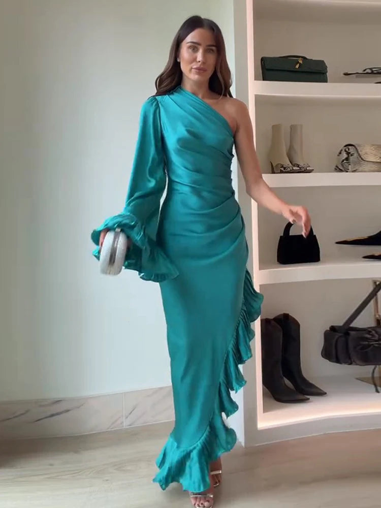 Layered Ruffles One-shoulder Sleeve Long Dress Women Flare Sleeve Irregular Hem Slim Female Dresses Spring Evening Robe