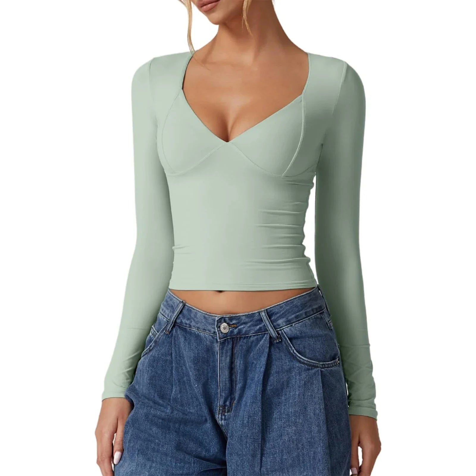 Women's Solid Color Basic T-Shirts Long Sleeves Slim Fit Sweetheart Neck Early Fall Casual Crop Tops