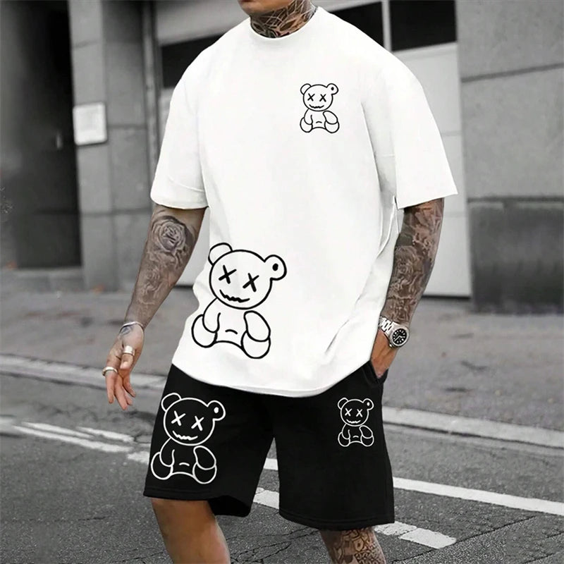 2024 Fun Bear Harajuku T-Shirt Men's Summer Loose Daily Couple Suit Outdoor Street Short Sleeve Shorts Two Piece Men Summer Suit
