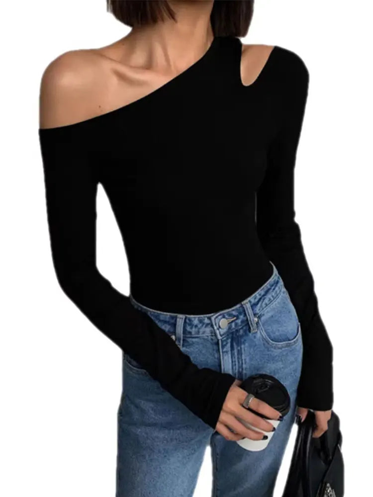 Skew Collar Off-shoulder Long-sleeved Top