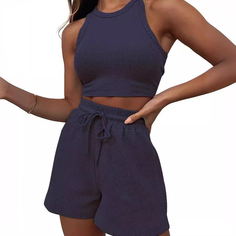 Two Piece Sets Women Vest Crop Tracksuit Tops Short Sets Beach Lace Up Elastic Waist Loose Casual Summer Set Matching Sets