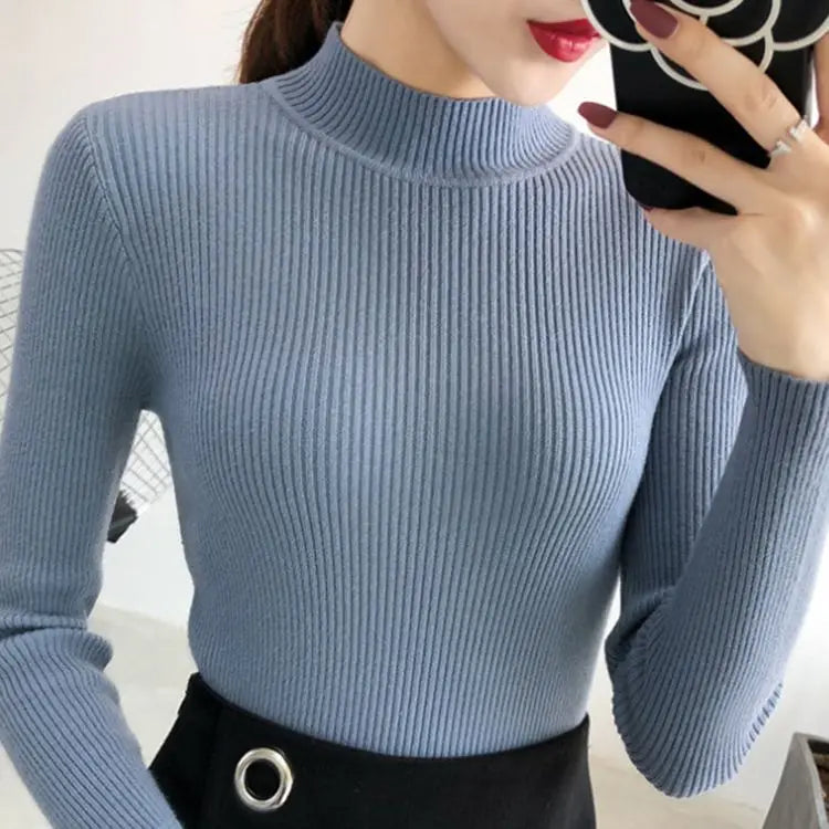 Mock Neck Women Sweater Vintage Basic Solid Knitted Casual Slim Pullover Korean Sweaters