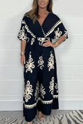 Wide Leg Pants Overalls V-neck Retro Casual Printed Ethnic Jumpsuit