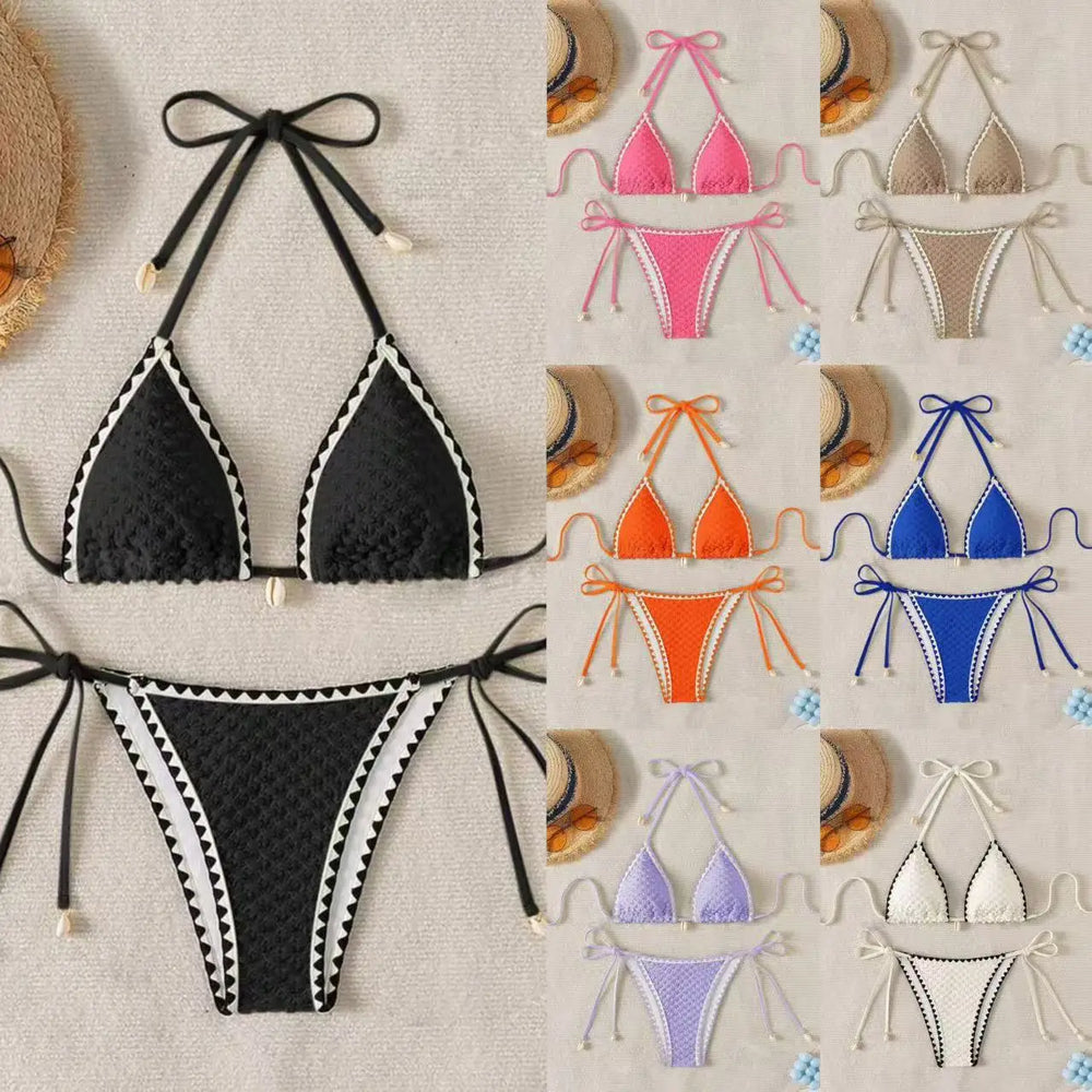Sexy Halter Wrinkled Weave Bikini Set