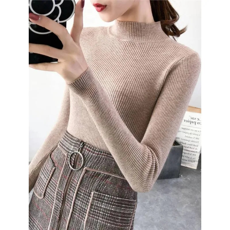 Mock Neck Women Sweater Vintage Basic Solid Knitted Casual Slim Pullover Korean Sweaters