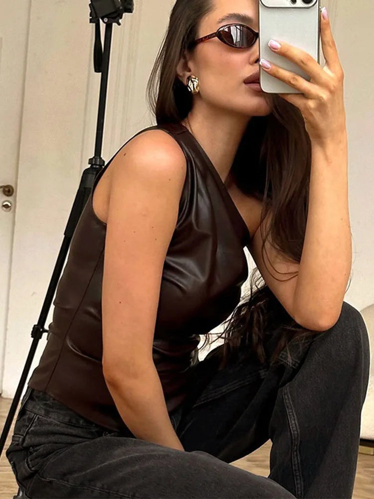 New Pure Color Slim Sleeveless One-Shoulder Slanting Collar Zipper Show Thin Jacket