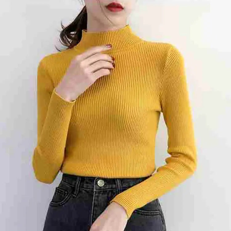 Mock Neck Women Sweater Vintage Basic Solid Knitted Casual Slim Pullover Korean Sweaters