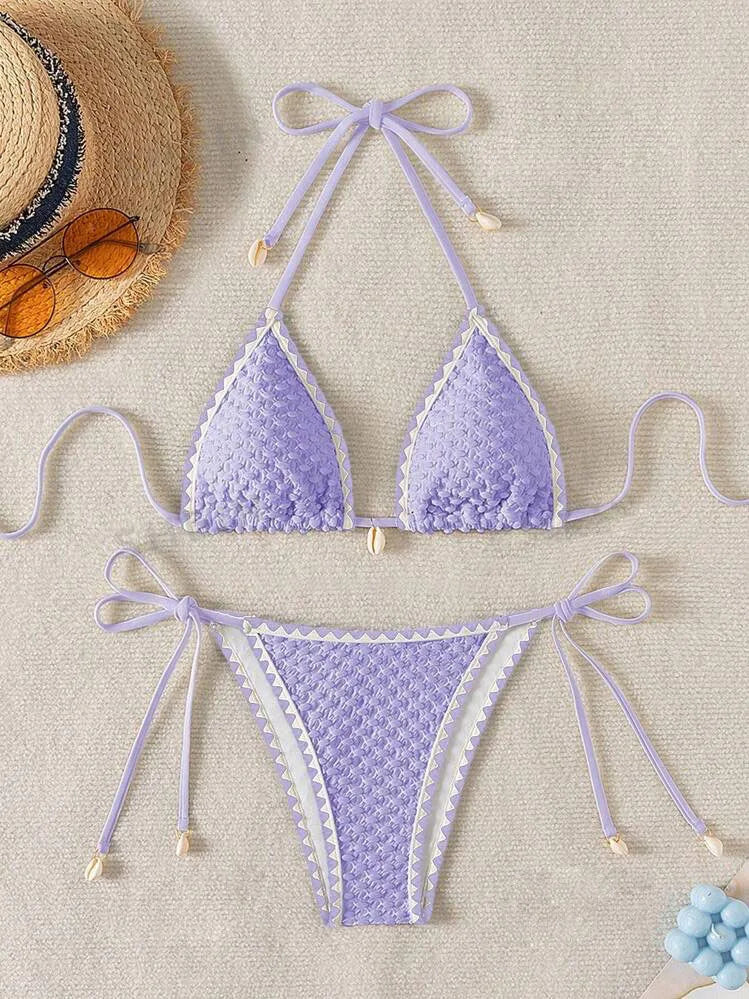 Sexy Halter Wrinkled Weave Bikini Set