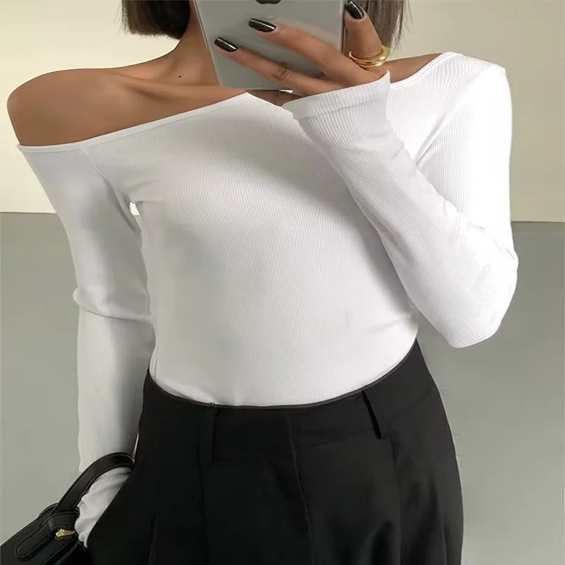 Skew Collar Off-shoulder Long-sleeved Top
