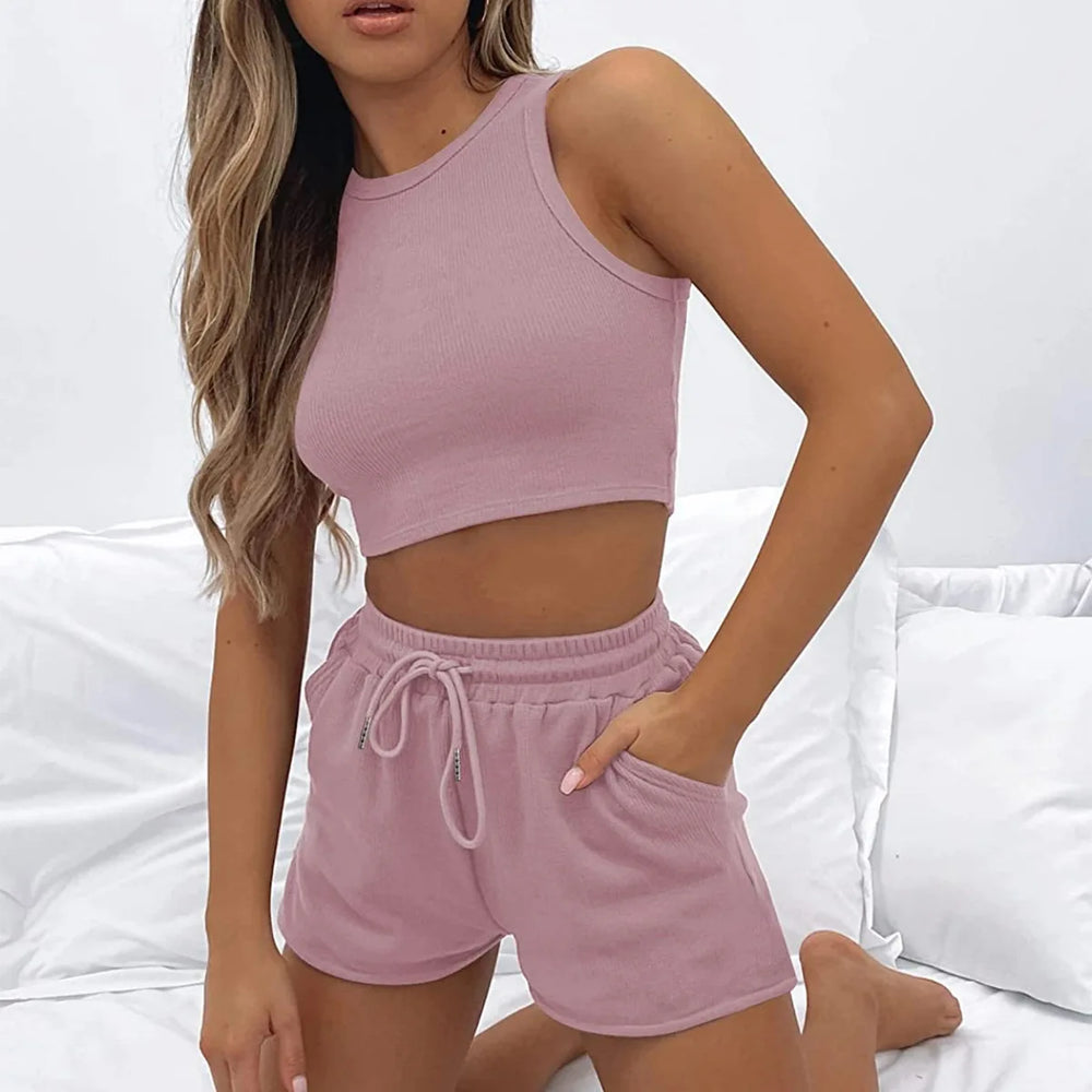 Two Piece Sets Women Vest Crop Tracksuit Tops Short Sets Beach Lace Up Elastic Waist Loose Casual Summer Set Matching Sets